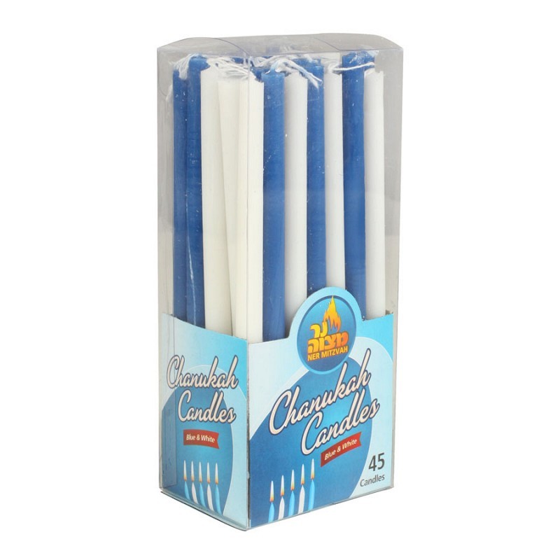 45pk 100% paraffin wax unscented long chanukah candles white and blue packed into gift box