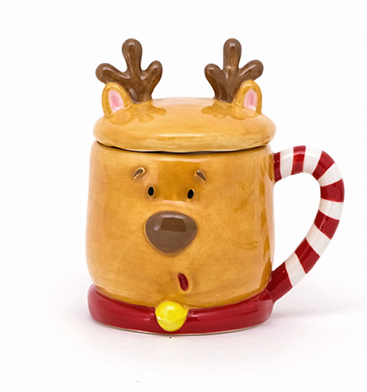 3D Creative Christmas Coffee Mug Deer Shaped Ceramic With Lid And Hand Painted
