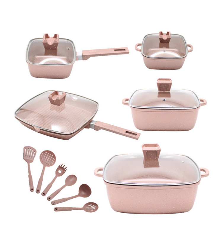 16Pcs Maifan Stone Aluminum Cookware Set With Anti Heat Handle