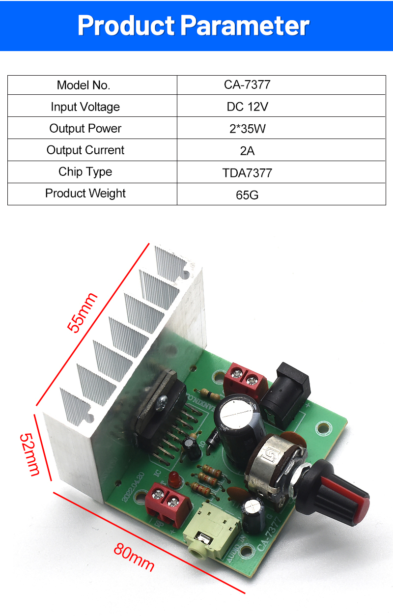 CA-7377 2.0 Channel Digital Audio Amplifier Module DC12V 2*35W TDA7377 AMP Chip Amplifier Board No Light LED Lighting