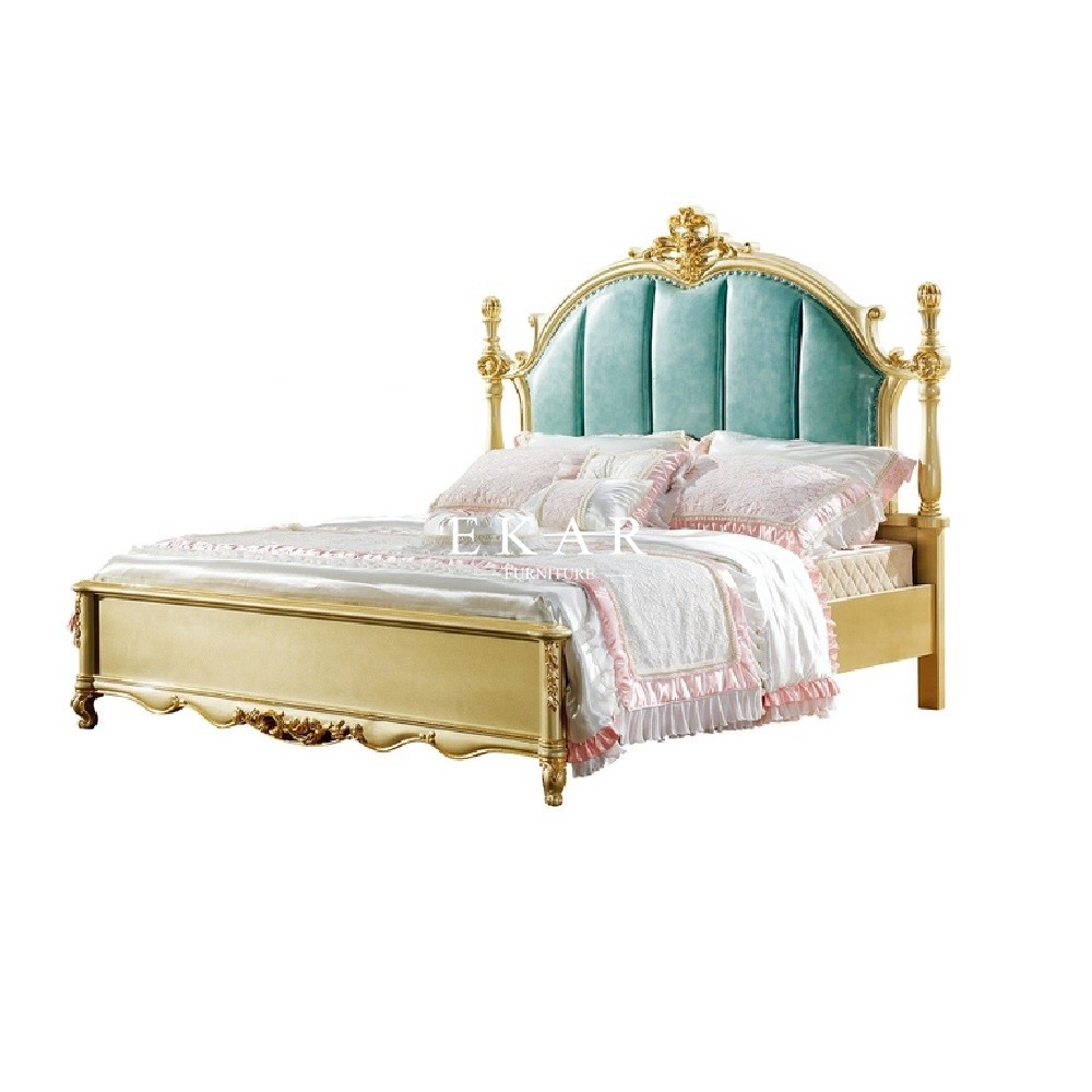 Antique Luxury Wooden Frame Design Upholstered Leather Carving King Size Bed