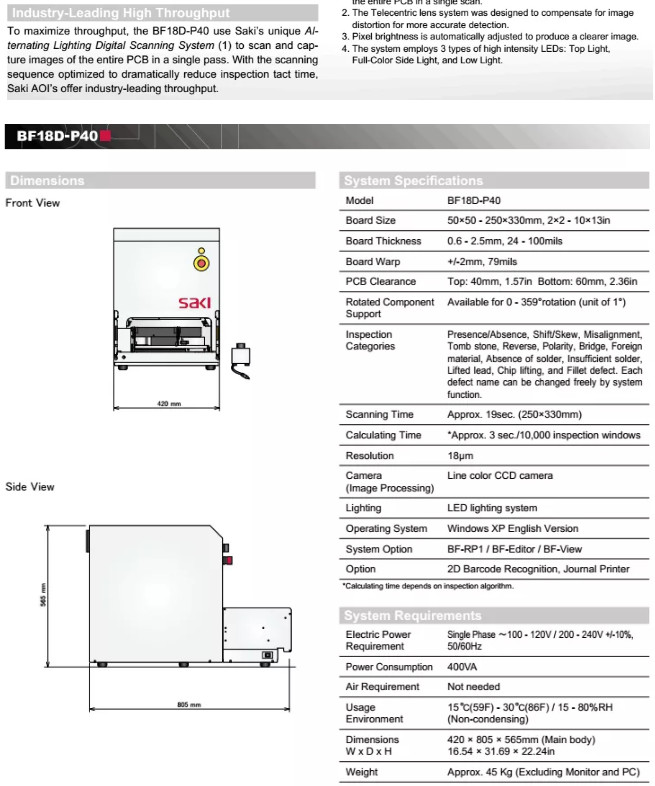 Saki AOI BF18D-P40 In Good Condition Offline PCB Testing Machine