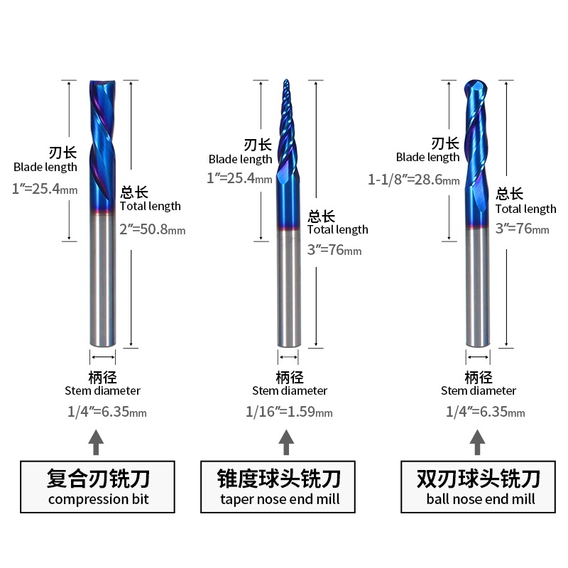Solide Carbide Shank Spiral Down Cut 2F Tapper Ball Nose Router Bit Wood Milling Cutter Tools Spherical End Conical Cutter