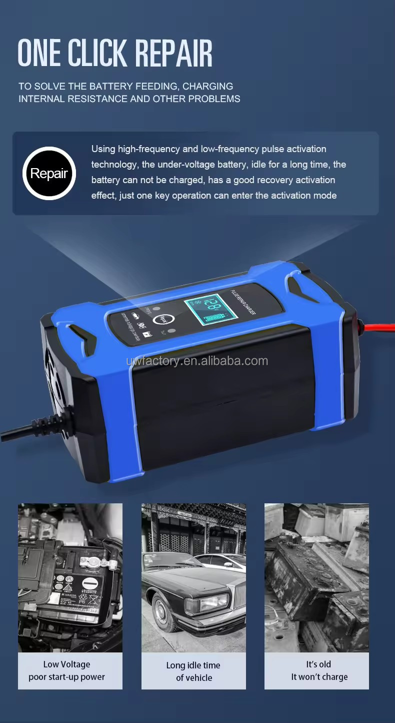 Sales 12V 6A 7 Version Motorcycle UPS Car Battery Charger Pulse Repair with LCD Charger EU Plug US Plug UK Plug SCP Input