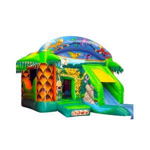 Green Slide Inflatable Castles Decorated With Patterns Of Monkeys And Birds