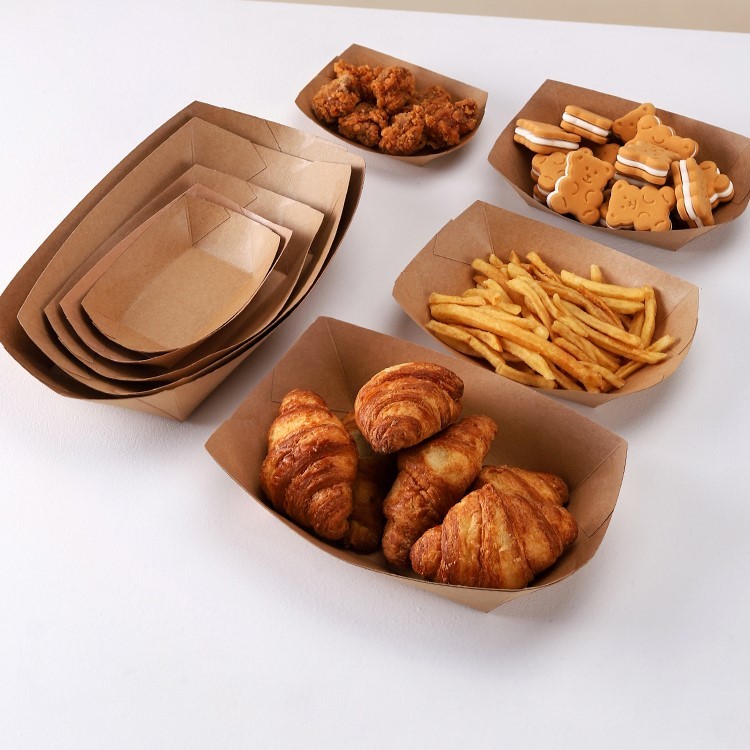 Custom Size Disposable Brown Paper Boat Tray for Fruits and Kraft Food Box Container for Sushi and Craft Use