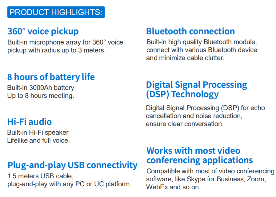 usb wireless plug and play audio system omnidirectional conference microphone or speakerphone with battery