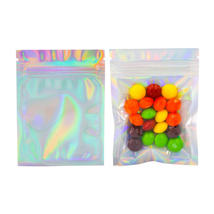 Custom Design Holographic Rainbow Clear Zipper Plastic Three Side Packaging Bag