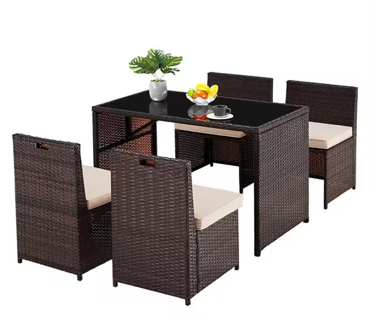 5 Piece Pe Rattan Furniture Dining Tables And Chairs Aluminum Waterproof Outside Patio Lounge Outdoor