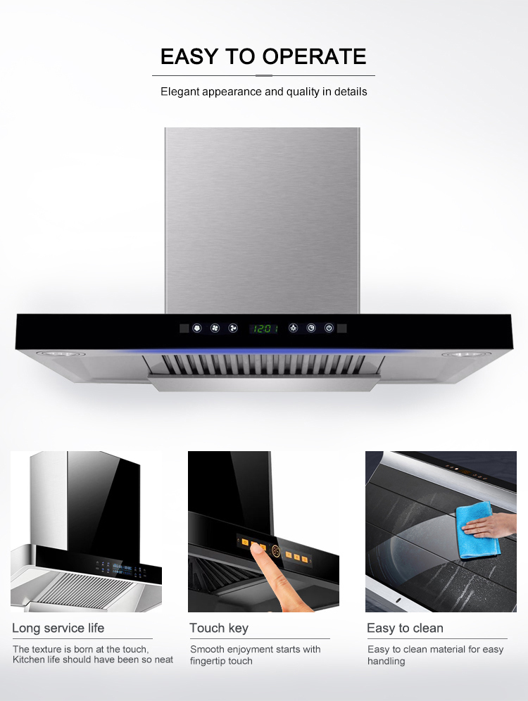 Glass Stainless Steel T Shape Chimney Hood Electric Range Hood 220V