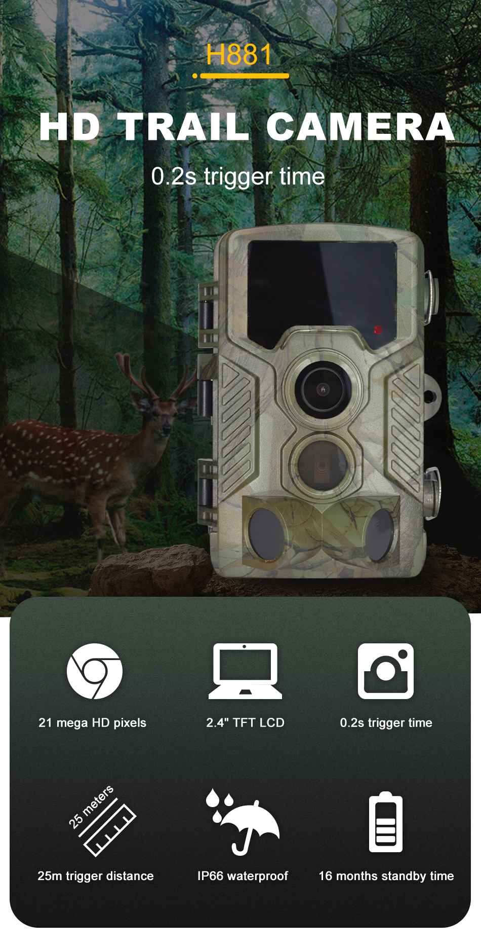 H881 Wireless Hunting Camera Wifi Sim Solar IP66 Detection 25m