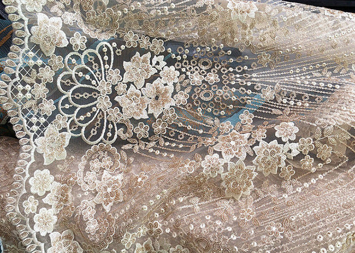 Champagne Gorgeous Flowers Sequin Lace Fabric With Dot Scalloped For Party Gown