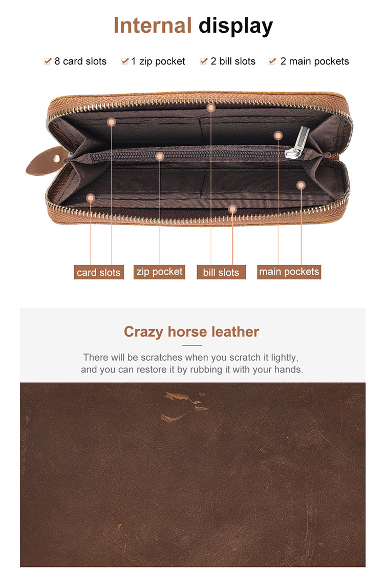 Waterproof Credit Card Wallet for Men Genuine Leather Large Capacity Multifunction Zipper Purse