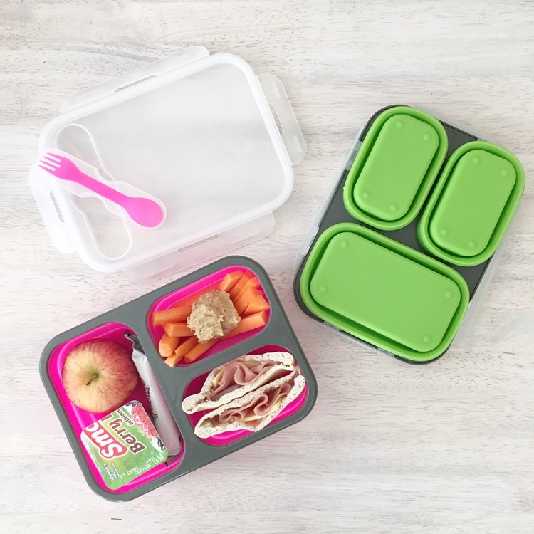 High quality 3 compartment microwaveable collapsible silicone lunch box