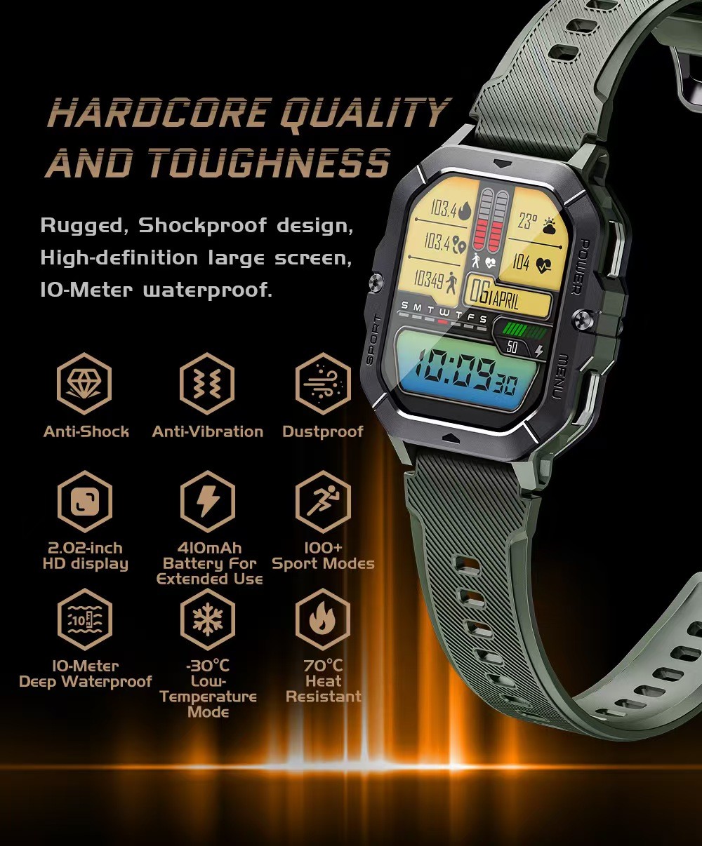 C28 Men Sports Smart Watch 2.02inch Large Memory 410mAh Battery 1ATM Waterproof