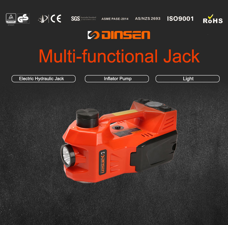dinsen electric car jack with 12V /150PSI inflator air pump and LED light.