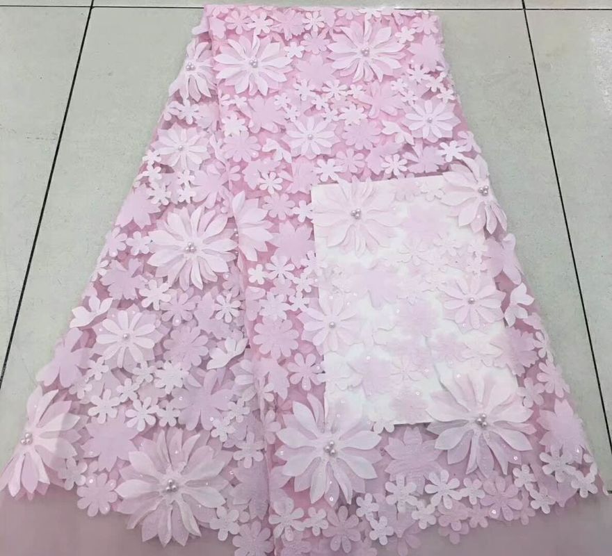 Pink 3D Flower Embroidered Mesh Lace Fabric , Sequin Beaded Lace Tulle For Dress Show