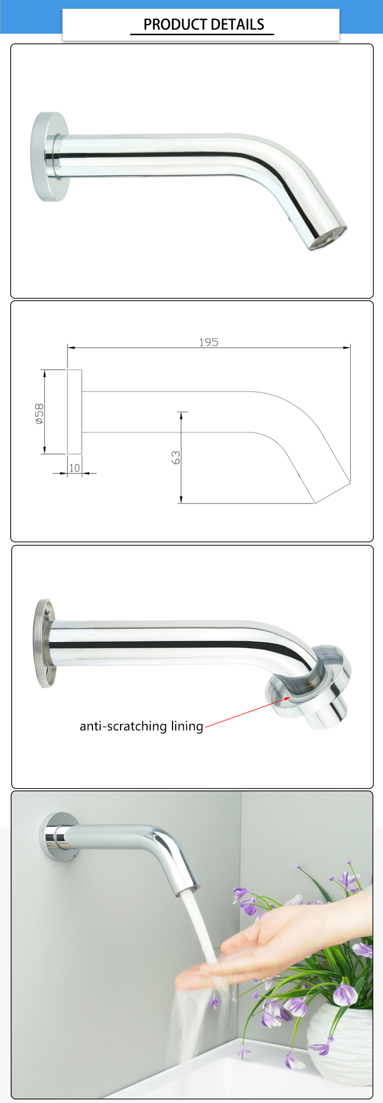 Wall Mount 0.3 Seconds 14cm Distance Touchless Lavatory Faucet