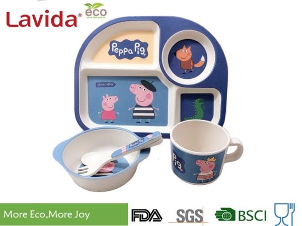 Food Safe Bamboo Kids Dishes Fiber Childrens Tableware Set Mug Spoon / Fork For