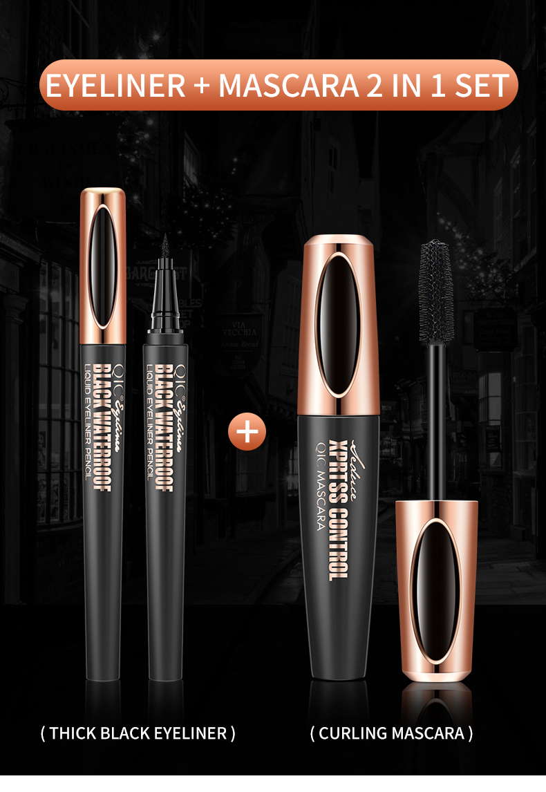 Wholesale QIC Mascara and Eyeliner Set 4D Fiber Waterproof Private Label MSDS Mascara Liquid Eyeliner 2 in 1 Eye Makeup