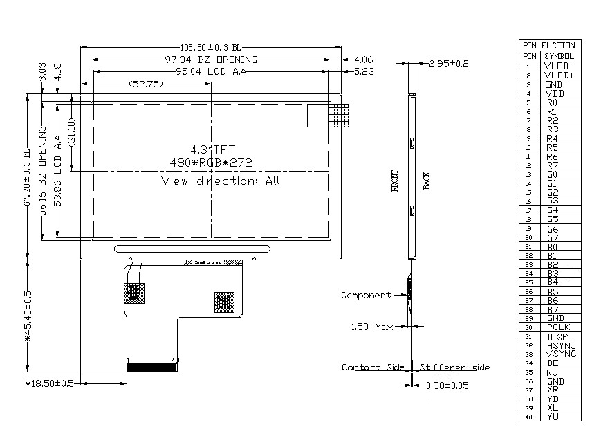 4.3 Inch Tft Lcd Display, 480x272 Resolution, 24bit RGB 40PIN Interface , 1000cd/M2