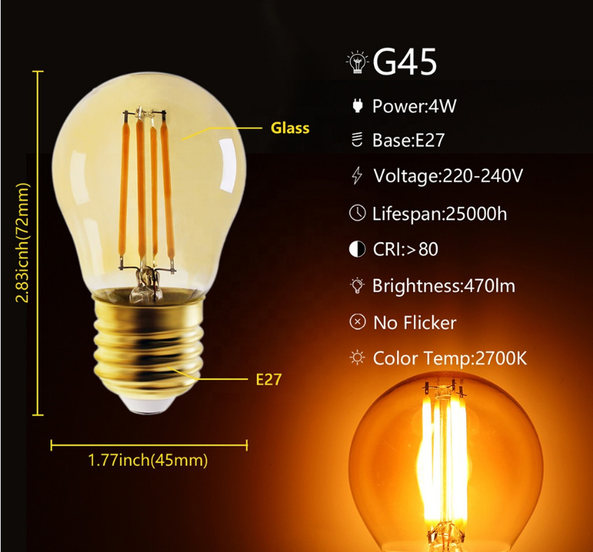 A45 LED Filament Bulb G45 Vintage Amber Light Bulbs For Party Decorative 2200k