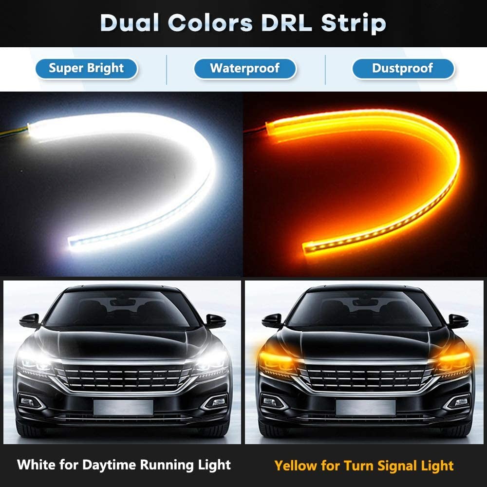 Flowing Bar Silicone Drl Daytime Running Lights 45CM 17.7" White Amber Flexible LED Tube Strip