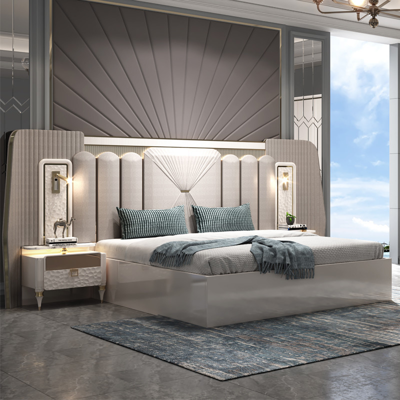 New Design Modern Lighted Headboard Wood King Size Bed Room Set Double Wooden Frame Full Luxury Home Furniture Bedroom Sets
