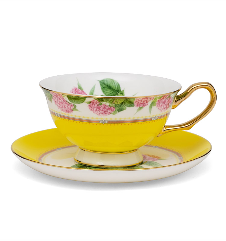 Pink Floral Design Porcelain Cups Decal Luxury Coffee Tea Cup And Saucer With Colorful Rim