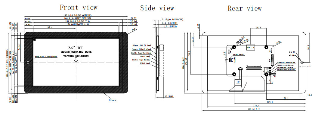 7 Inch Touchscreen Display Monitor 50 Pin 8 Bit MCU I2C TFT Capacitive Touchscreen