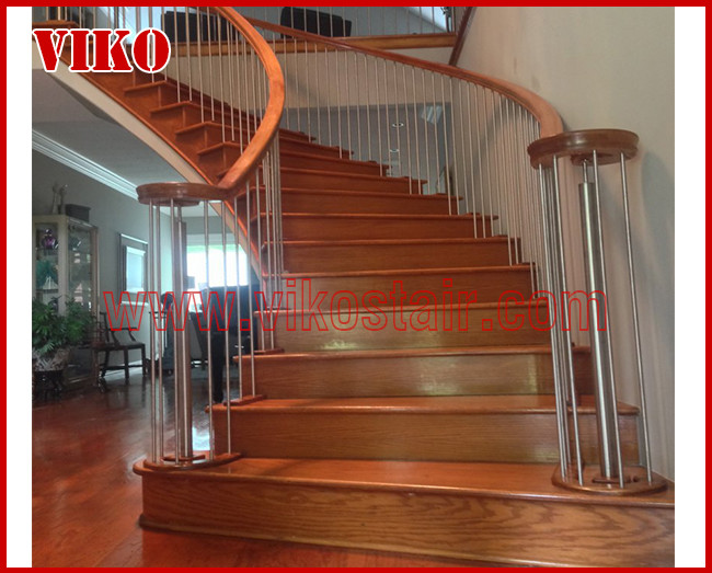 Wrought Iron Staircase VK87S Wrought Iron Handrail Tread Beech ,Railing tempered glass, Handrail b eech Stringer,carbon
