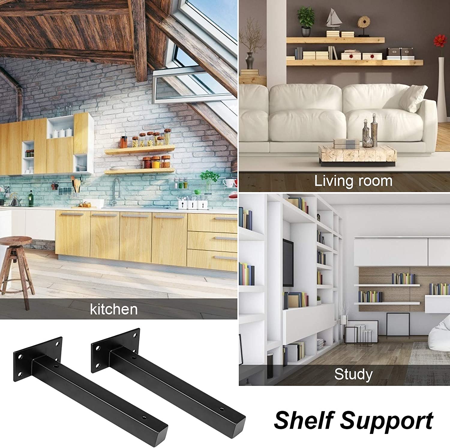 Customized Industrial Floating Shelf Bracket Wall Mounted Metal Shelving Supports in Black