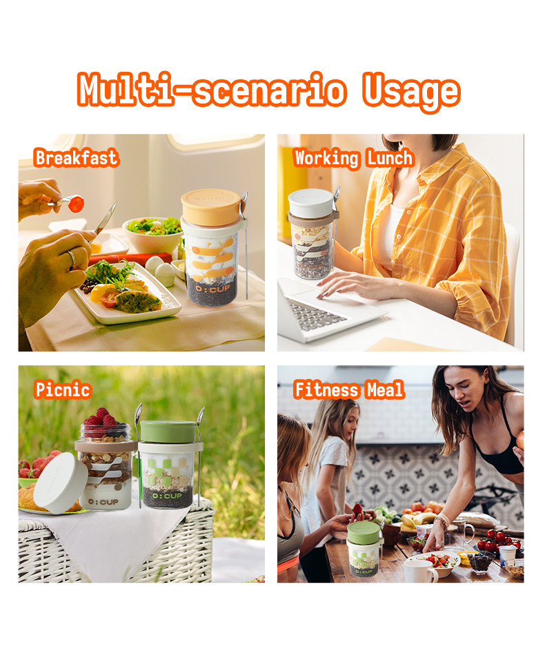 Versatile Long Spoon Reusable Overnight Oats Jar Leak Proof Wide Mouth