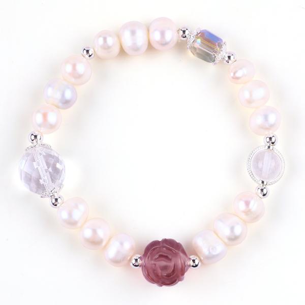 Natural Freshwater Pearl Bracelet Elastic With Purple Fluorite Rose Flower