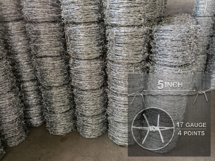 5inch Spacing Barbed Wire Roll Heavy Duty Galvanized 17 Gauge 4 point