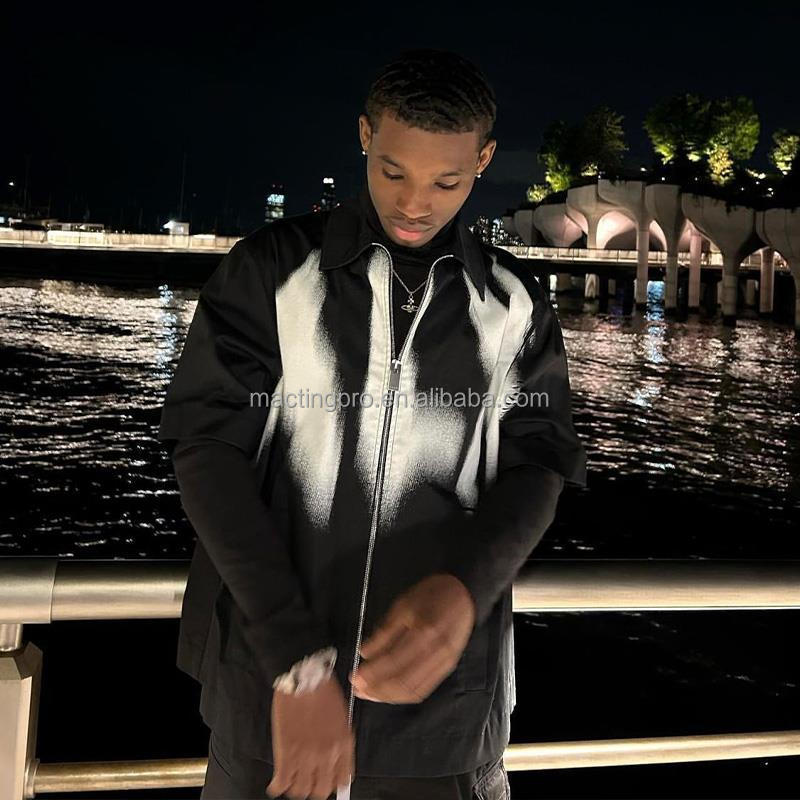 Men's Casual Heavyweight Cotton Black Print Zip Up Shirt S-5XL or Custom Hip Hop Styl