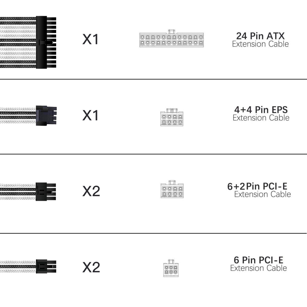 Sleeve Extension Cable 16AWG Extremely Soft Material Wire Sleeve Kit Black White 300mm Sleeved Extension Kit PSU