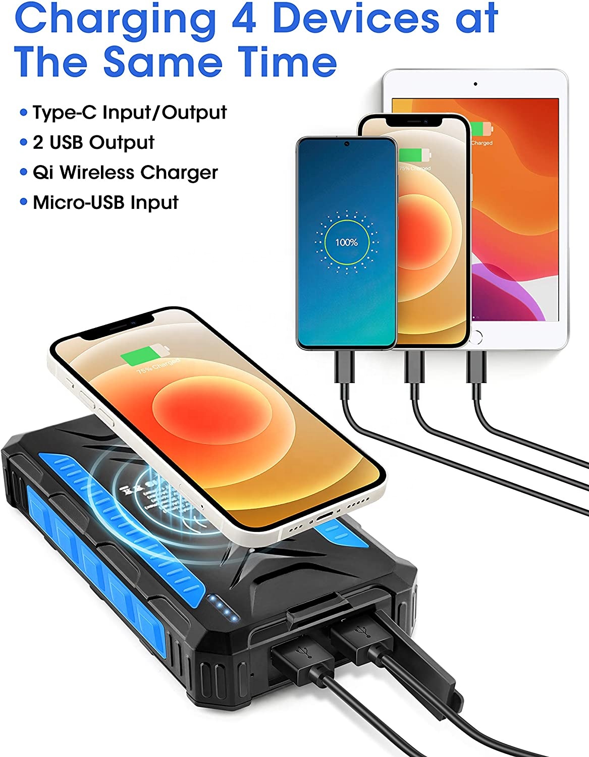 30000mAh Solar Charger Power Bank 36000mah Solar Power Bank 133.2W Wireless Charging
