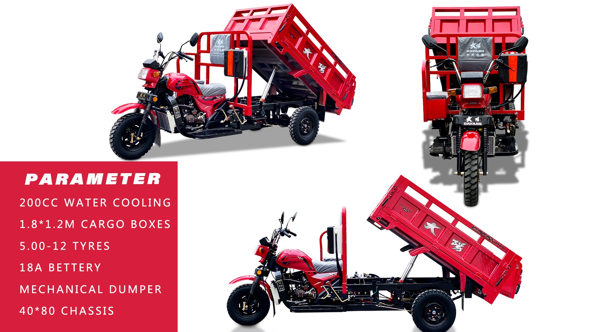 Heavy Ghana Gas 1000kg Cargo Tricycle with 5.0-12 Tire Size and 2*1.4m Cargo Box Size