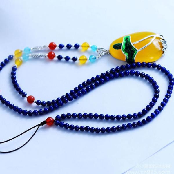 Natural Lapis Lazuli Strand Necklace with Silver Enamel Yellow Chalcedony