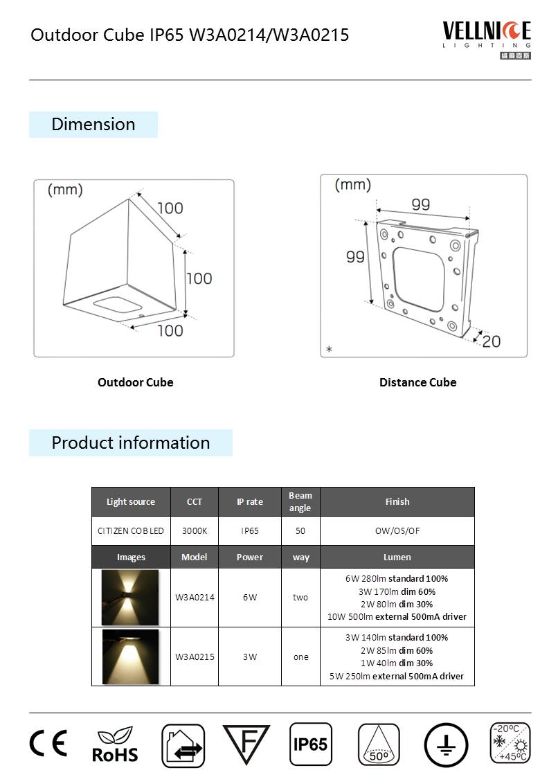 Outdoor Cube 6W LED IP65 Wall Pack Light With 3-Step Dimmable Driver 3000K Aluminum Alloy