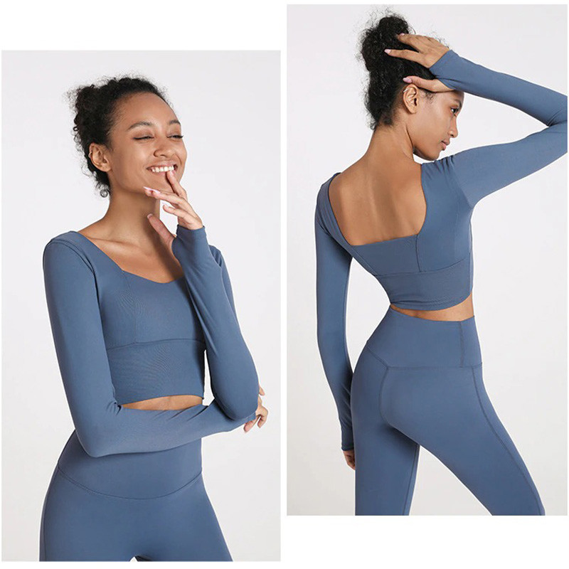 High Waist Yoga Workout Clothes Breathable Yoga Leggings Top Set With Thumb Hole