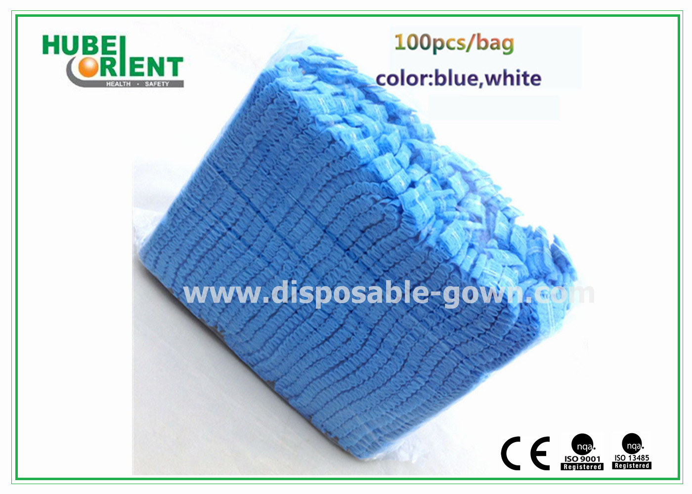 Single Use Nonwoven Mob Cap 21” 10gsm Double Elastic White Blue Green