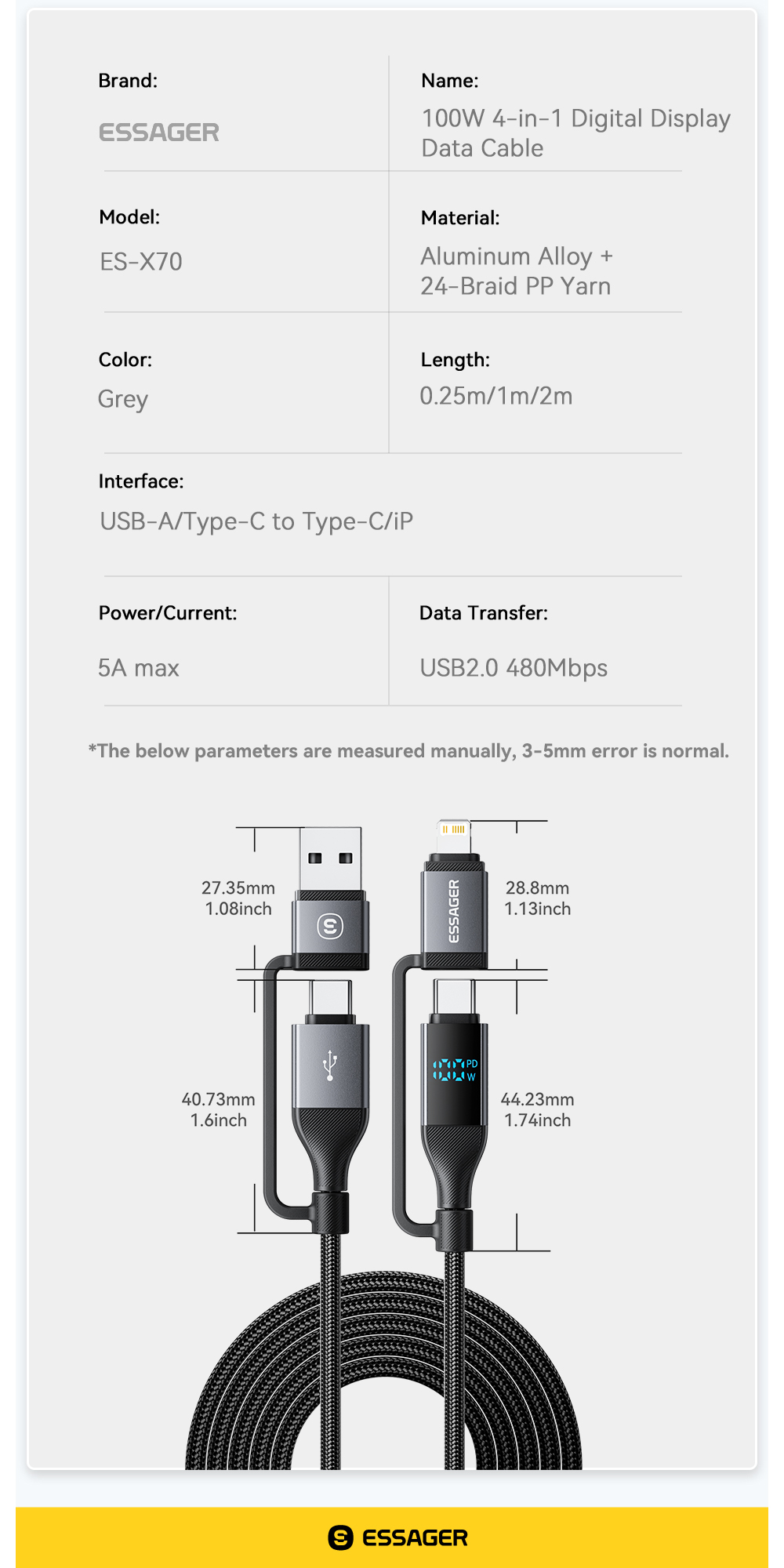 ESSAGER ES-X70 4 in 1 QC PD USB A/C to USB C/L Charging Data Cable