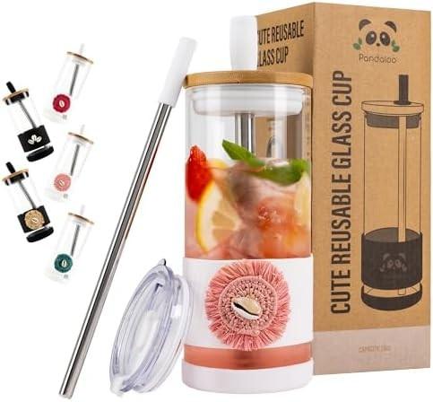 Glass Cups With Lids and Straws -20 Fl Oz- Perfect Size Iced Coffee Cup -