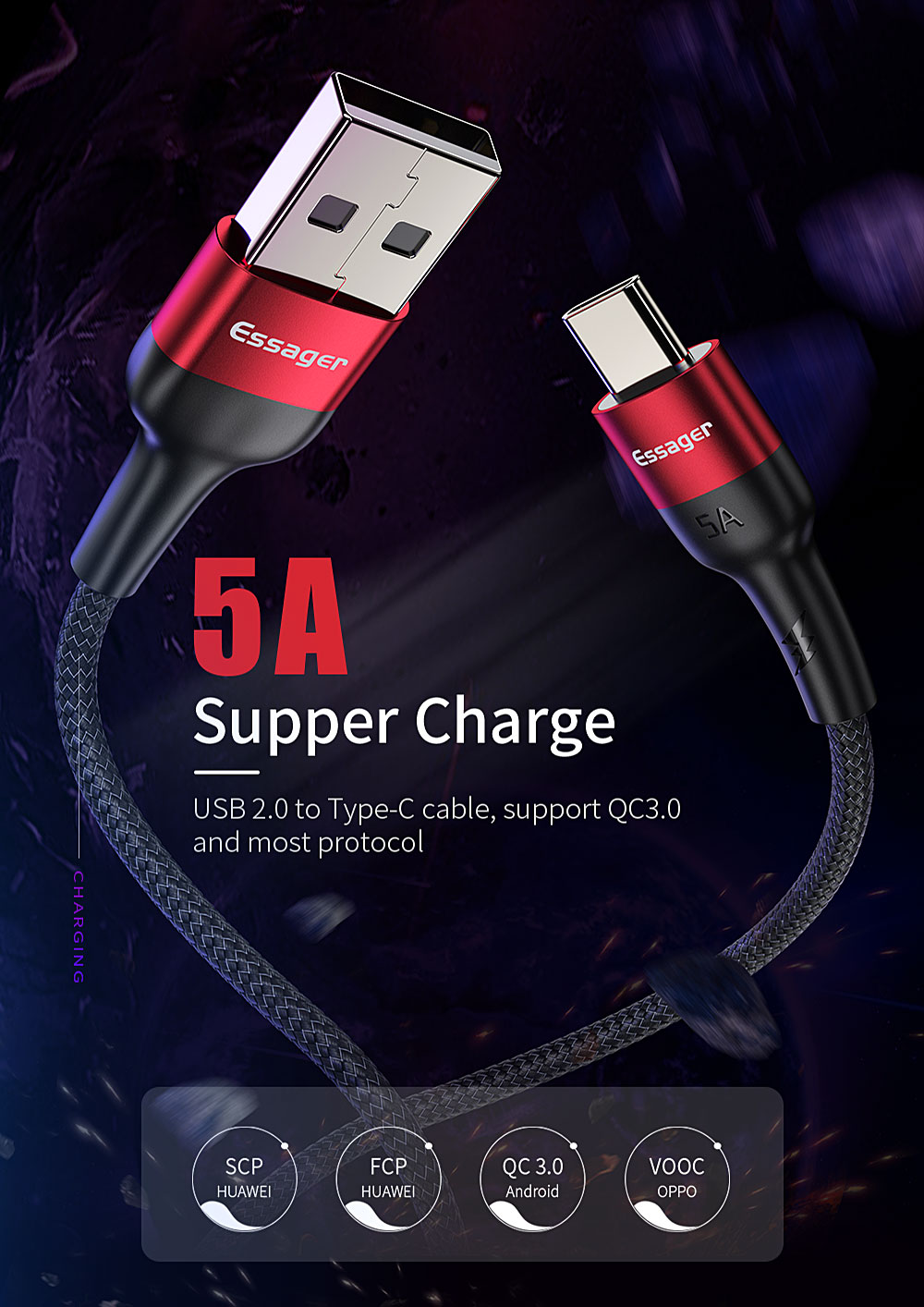 Essager 5A Type C Fast Cable 1M 2M Fast Charging USB 2.0 Data Transfer Type C Cable