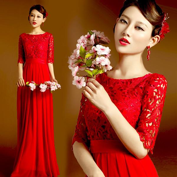 Red Lace Half Sleeveless Floor Length Bridal Dress Gorgeous Evening Dress
