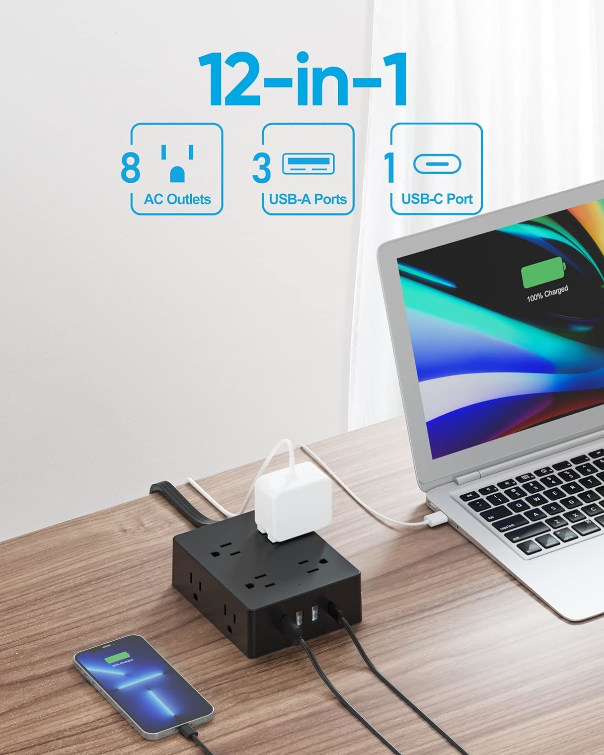 Surge Protector Power Strip Flat Plug Wall Mounted 8 Wide Outlets With 4 USB Ports 5FT