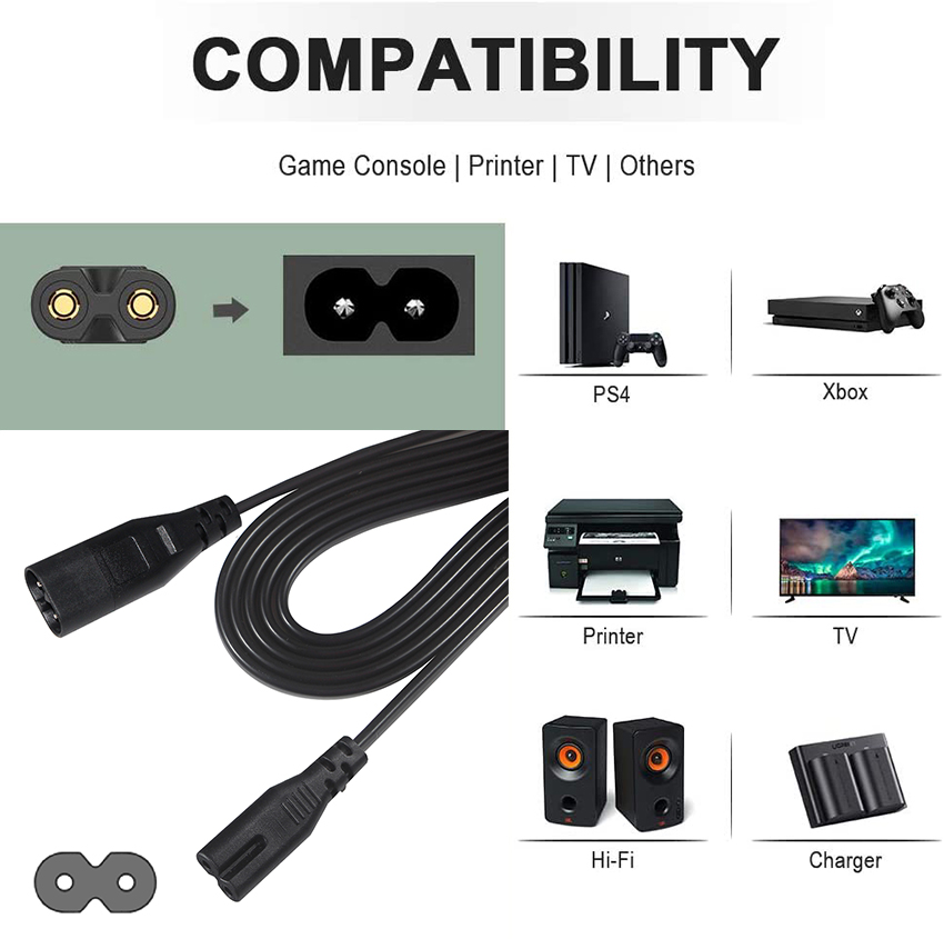 2M Iec320 Black Exposed Wire Power Cord Ac C7 To Figure 8 C8 Extension Cable