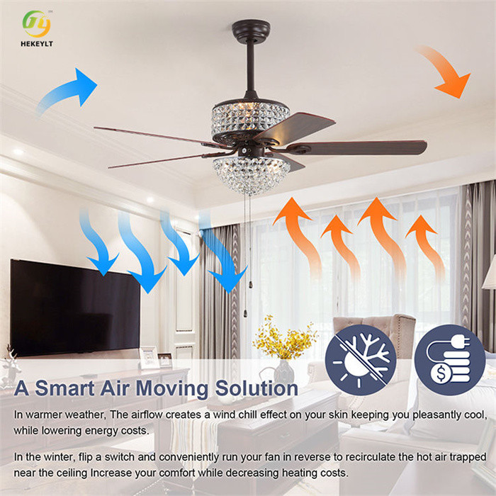Remote Control Crystal Ceiling Fan Chandelier 5 Blades For Modern Bedroom